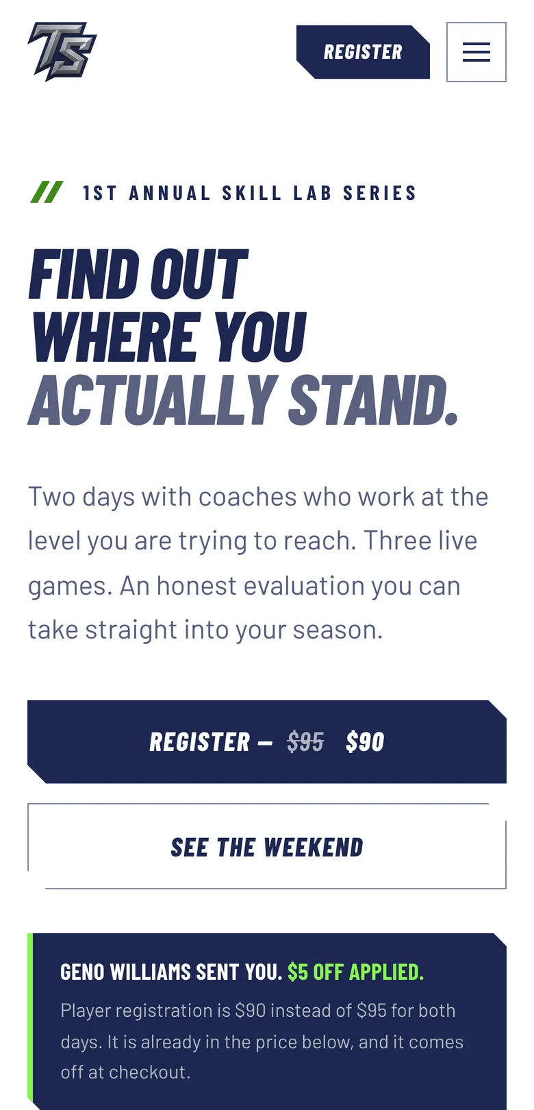The camp homepage on a phone, opened through a coach's link, with the discount applied and the coach named.