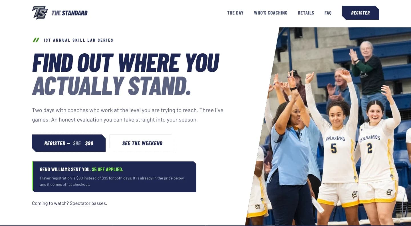 The camp homepage opened through a coach's link, with the discount applied and the coach named on the page.