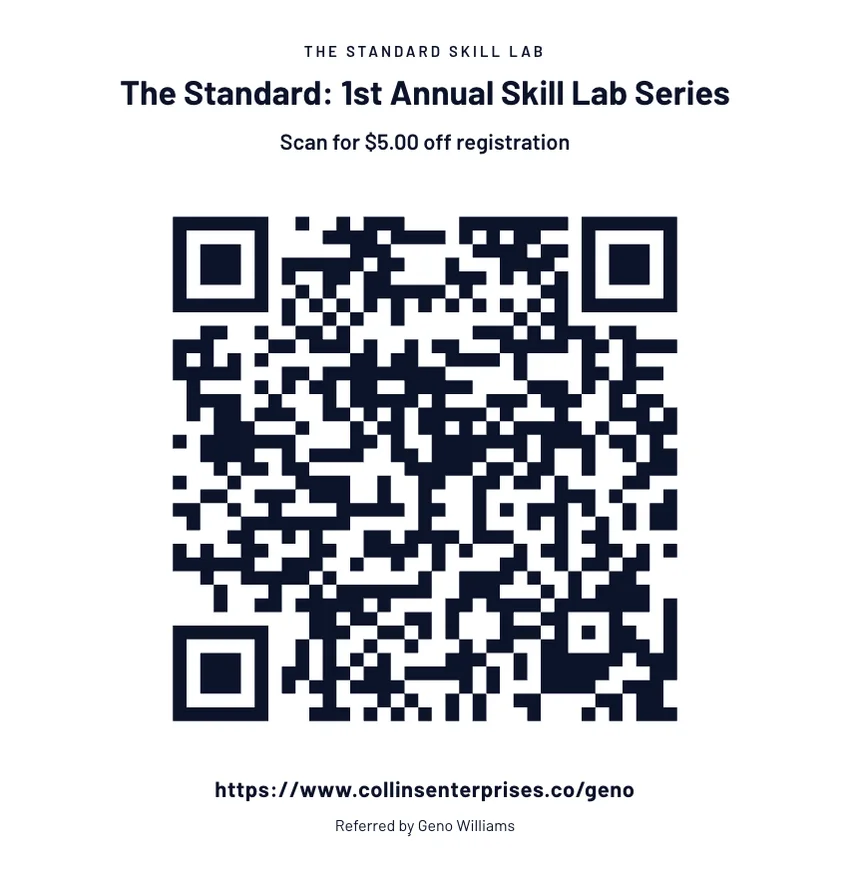 Geno Williams's printable QR code sheet from the program portal: the camp name, the line Scan for $5.00 off registration, the QR code, the web address collinsenterprises.co/geno and the line Referred by Geno Williams.