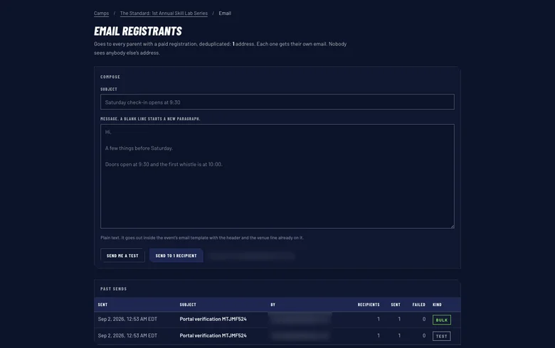 The email composer in the portal, with a test send, the audience count and a log of past sends.