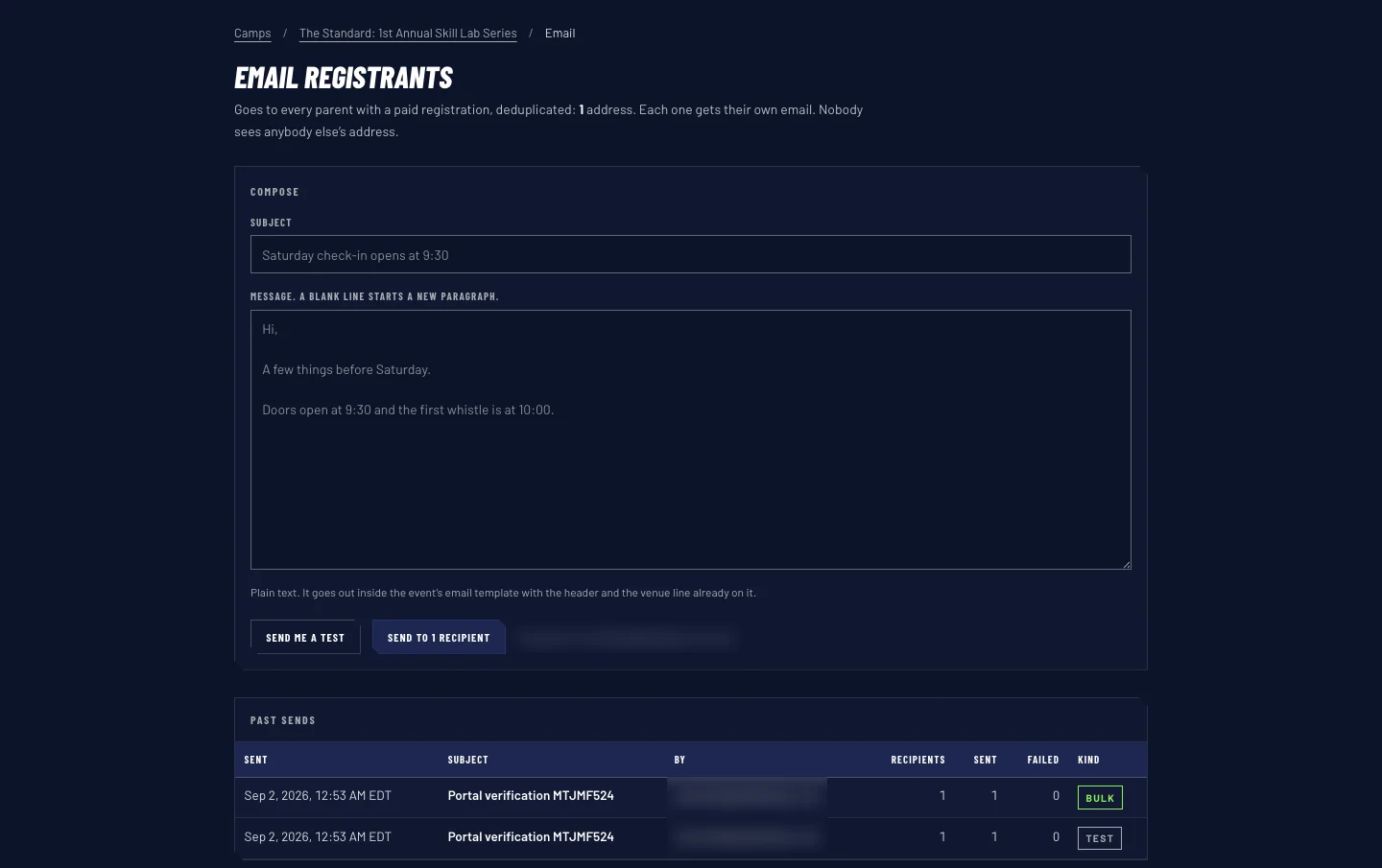 The email composer in the portal, with a test send, the audience count and a log of past sends.