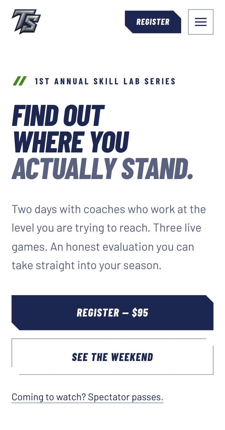 The Collins Enterprises camp homepage on a phone, with the Skill Lab Series dates and a register button.