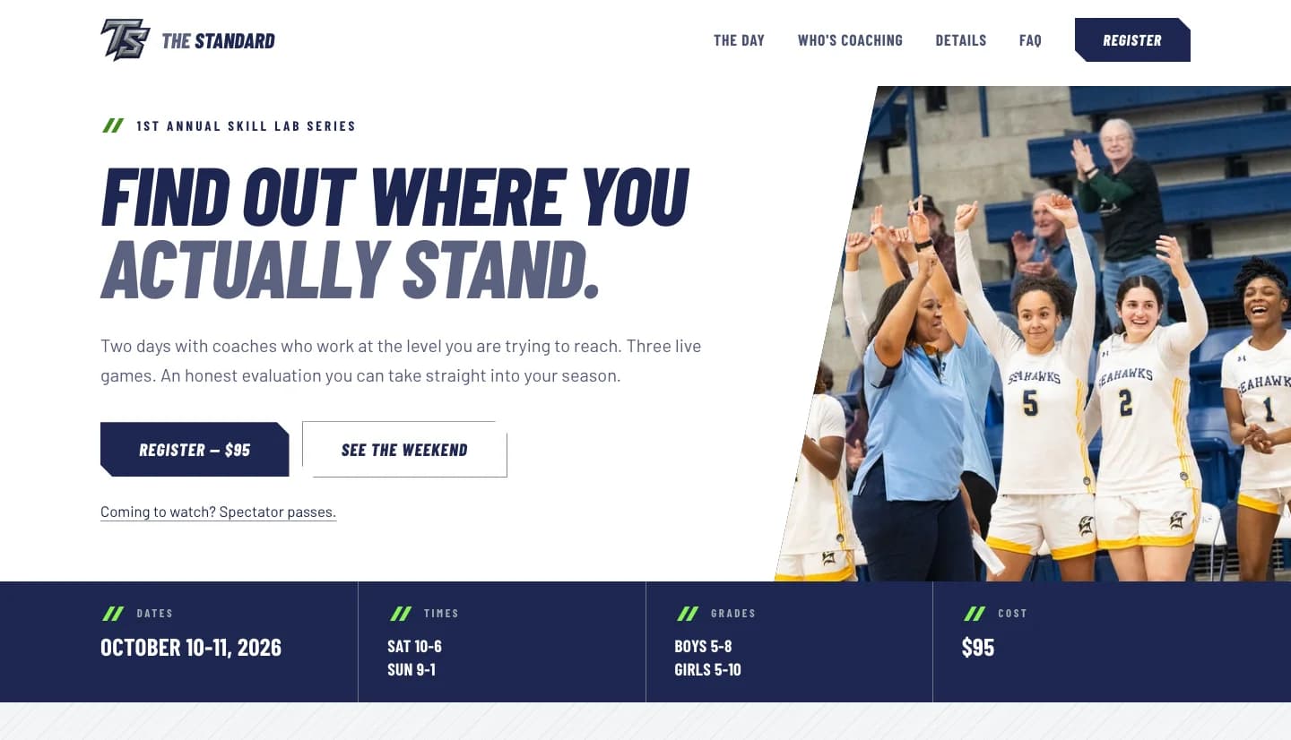 The Collins Enterprises camp homepage, with the Skill Lab Series dates and a register button.