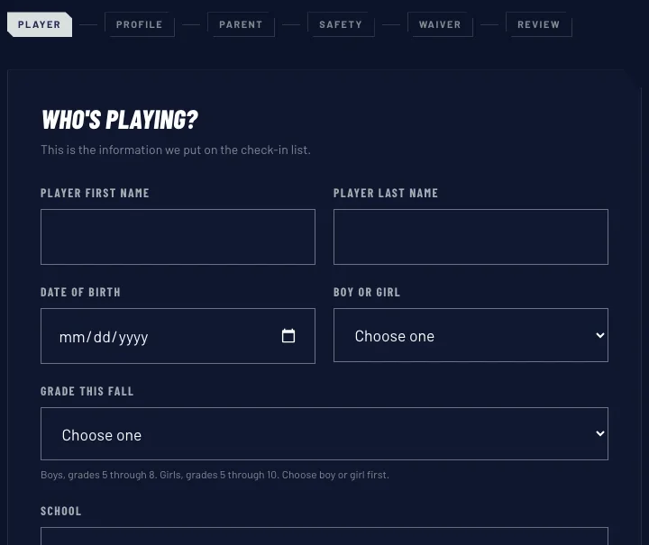 The registration form on the live camp site: six steps across the top, Player through Review, above the first player fields, before anything has been typed.