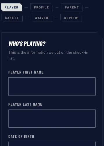 Blank registration form on the Collins Enterprises camp website, showing the player, profile, parent, safety, waiver and review steps above empty player detail fields.