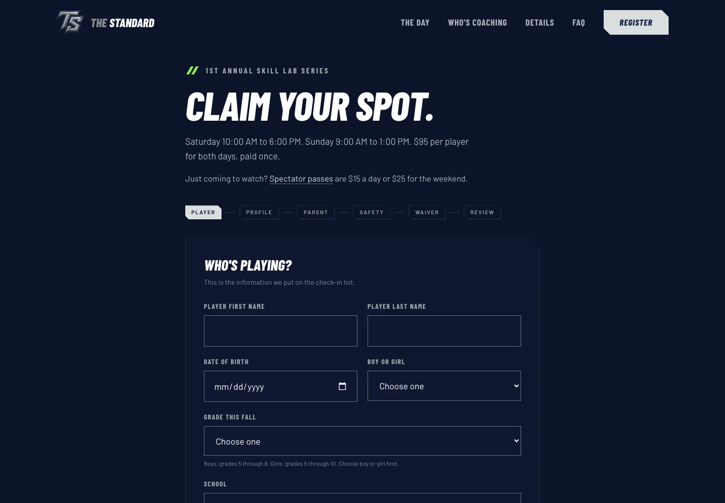 Blank registration form on the Collins Enterprises camp website, showing the player, profile, parent, safety, waiver and review steps above empty player detail fields.