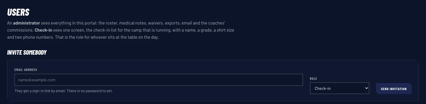 The users screen: what an administrator sees, what check-in access sees, and the form that invites somebody in.