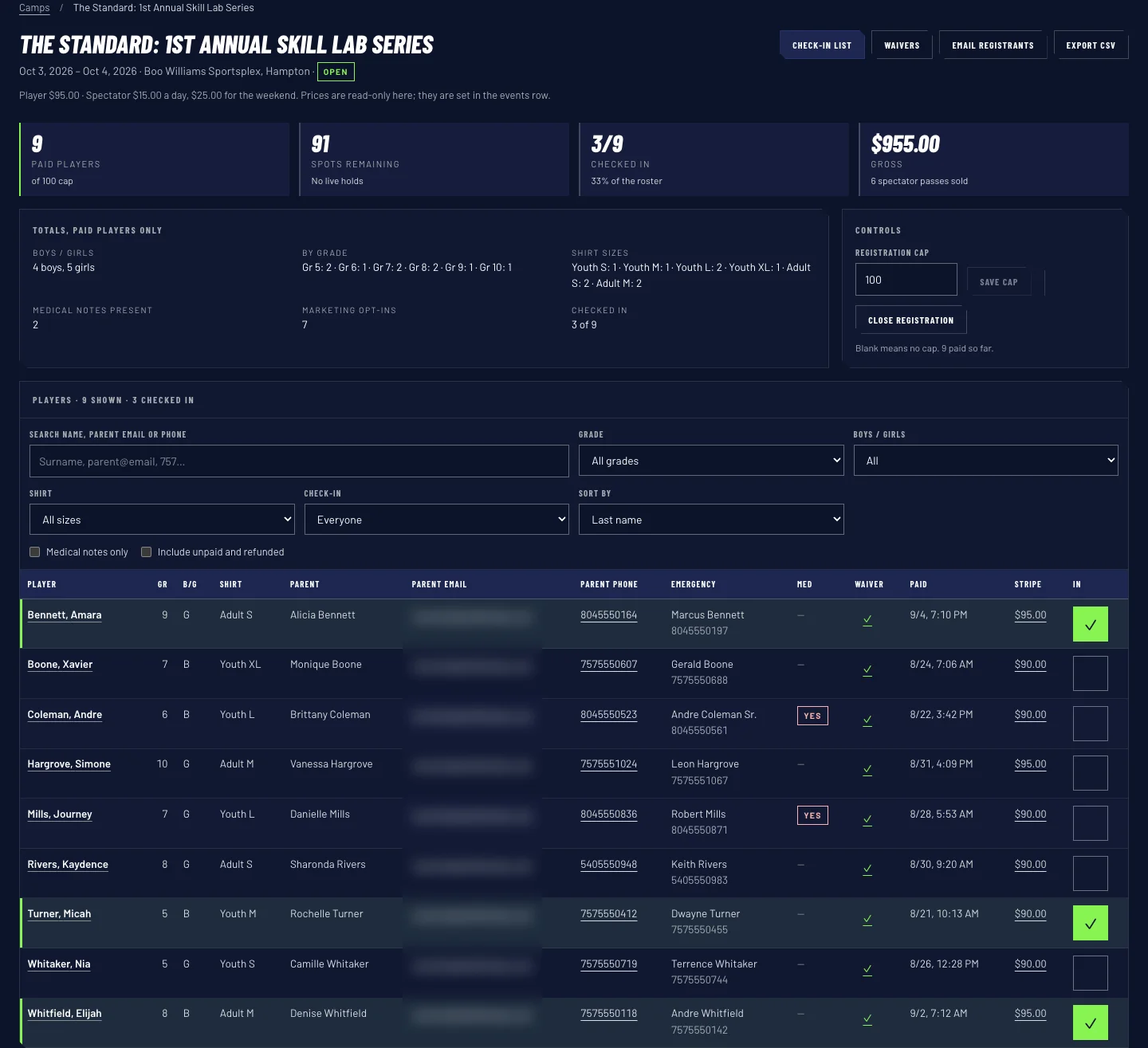 The roster screen in the program portal: paid players against the limit, spots left, check-ins, the amount paid, the totals underneath and the player table.