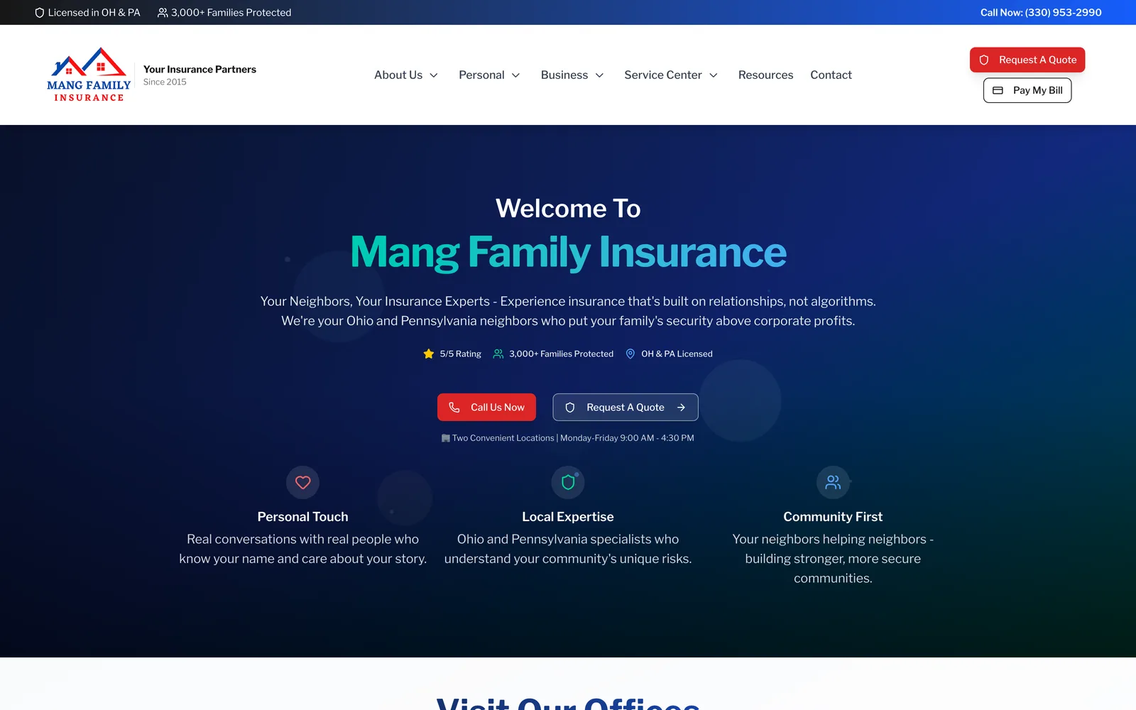 Insurance agency website design for Mang Family Insurance serving Ohio and Pennsylvania