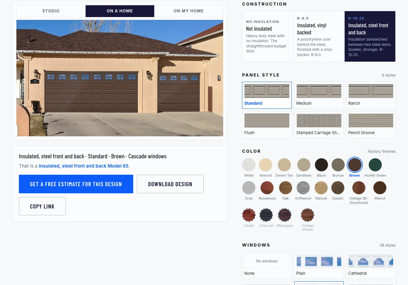 The door designer showing a brown raised-panel door with Cascade windows placed on a photo of a Pueblo house, with the construction, panel style, color and window pickers beside it.