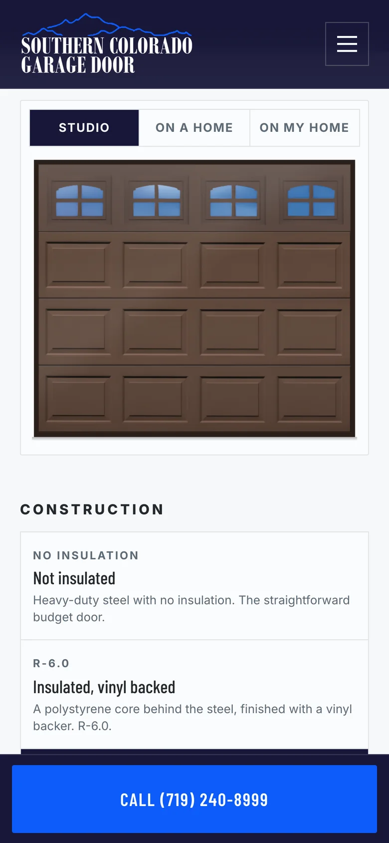 The door designer on a phone: the studio, on a home and on my home tabs, the door preview, the construction picker below it, and the call bar at the bottom.