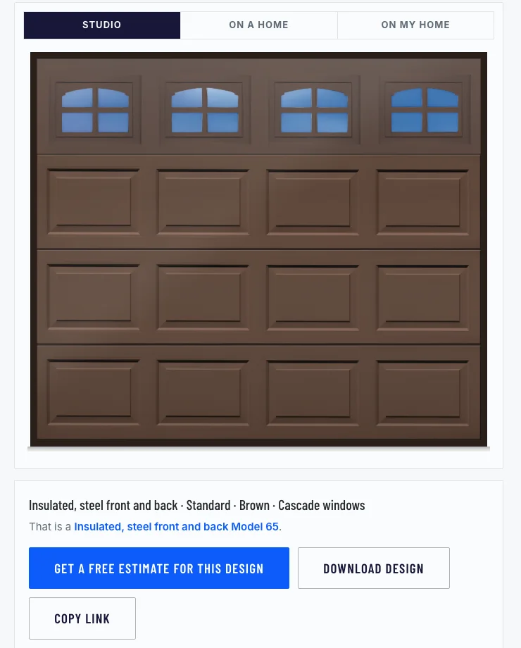 The door on its own: a brown Standard panel door with Cascade windows, the line That is a Insulated, steel front and back Model 65, and buttons to get a free estimate, download the design and copy a link.