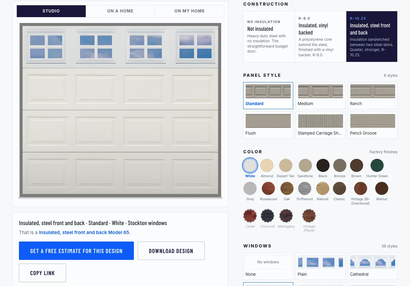 The door designer: a white raised-panel door with Stockton windows in the preview, with the construction, panel style and color pickers beside it.