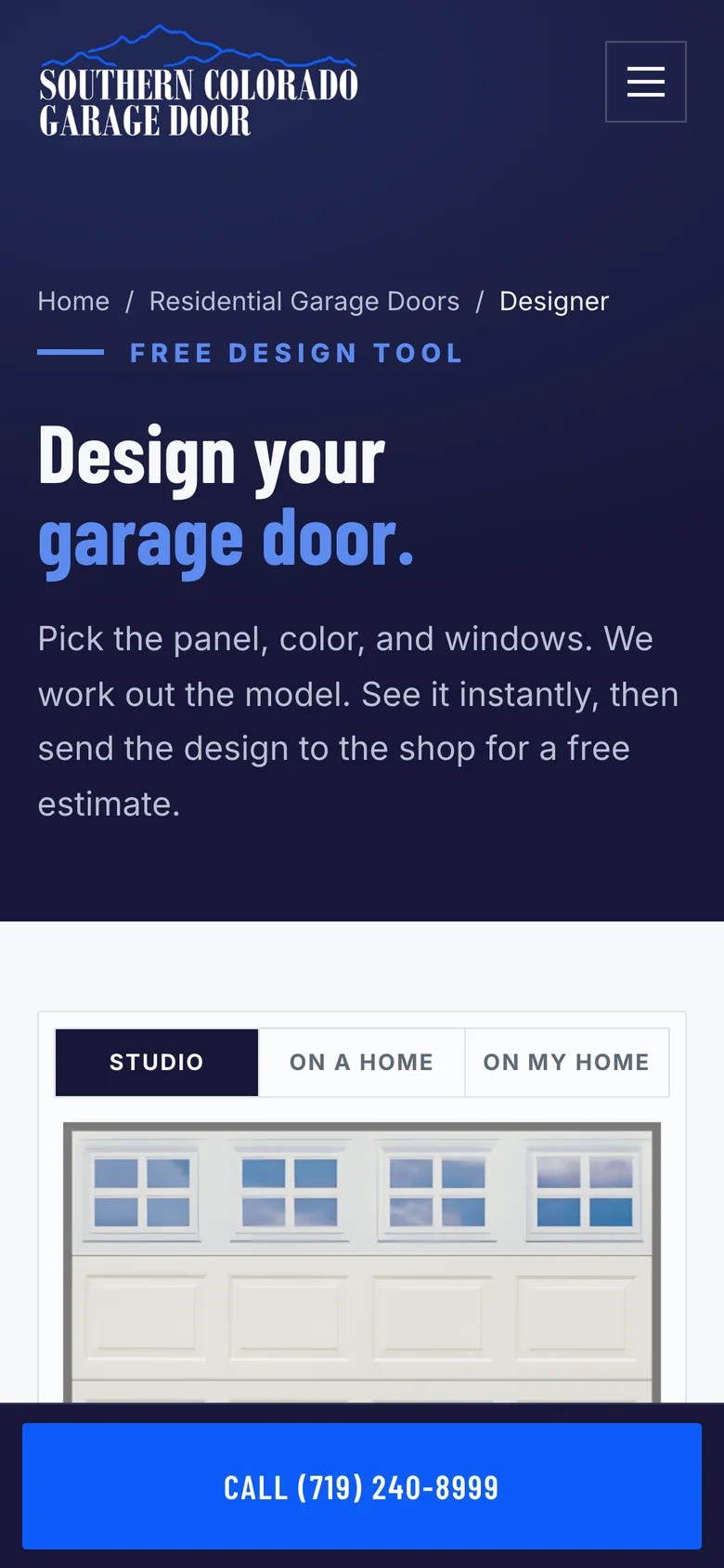 The door designer page on a phone, with the Call (719) 240-8999 bar fixed to the bottom of the screen.