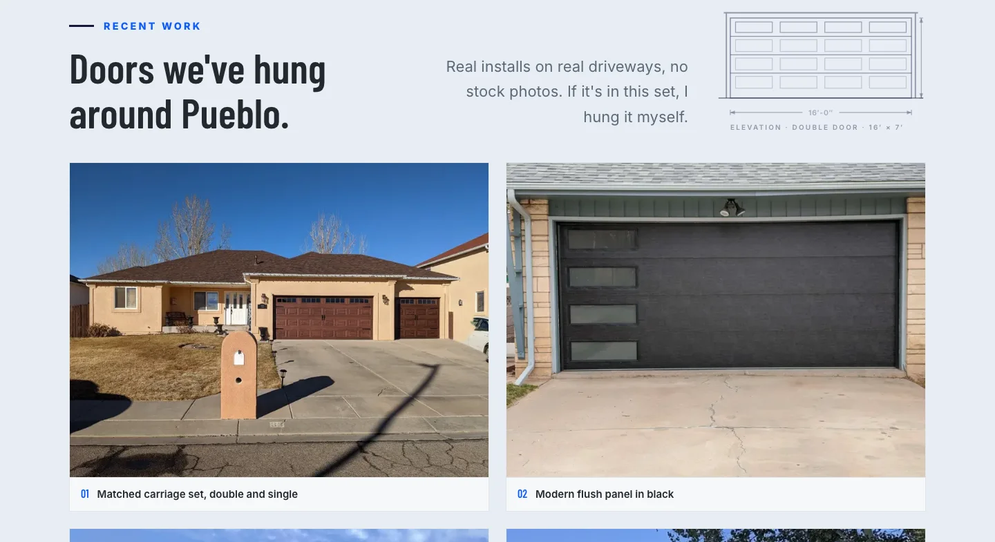 Doors we've hung around Pueblo: two photographs of installed garage doors on Pueblo driveways, a wood-look carriage pair and a black flush panel, each captioned with the door style.