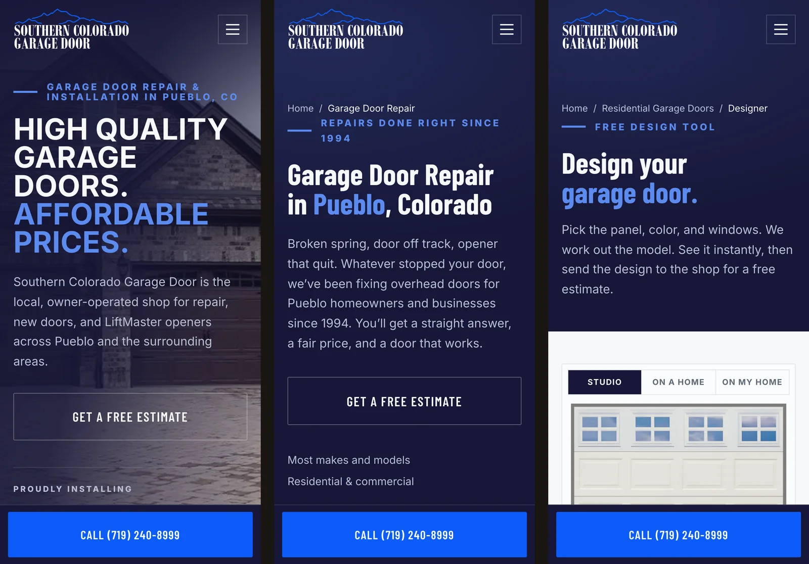 Three phone screens side by side: the homepage, the repair page and the door designer, each with the Call (719) 240-8999 bar fixed to the bottom.