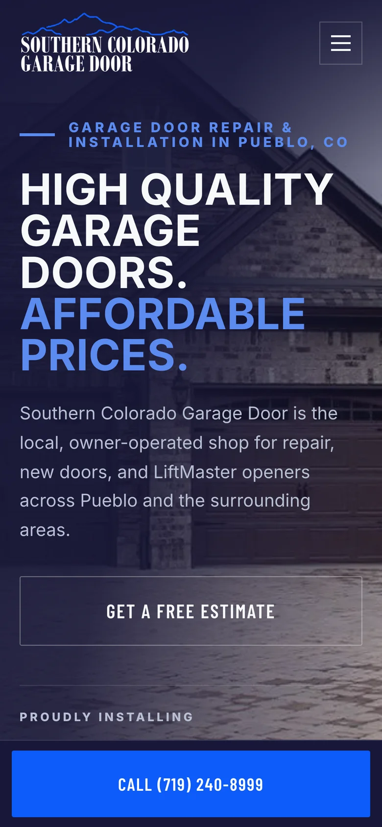 The Southern Colorado Garage Door homepage on a phone, with the call bar fixed to the bottom of the screen.