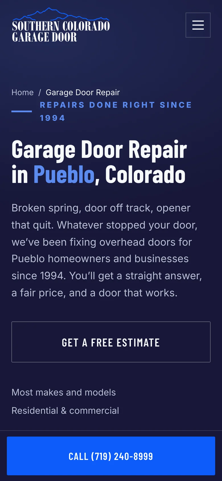 The repair page on a phone: Garage Door Repair in Pueblo, Colorado, with the call bar fixed to the bottom of the screen.